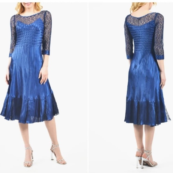 NWOT KOMAROV ILLUSIONS LACE & CHIFFON NAVY MIDI COCKTAIL DRESS sz S - Picture 1 of 5